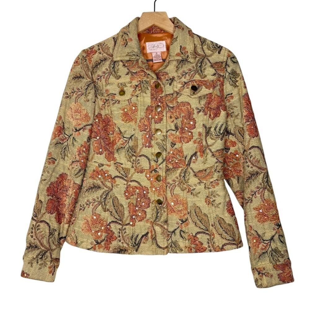 Vintage Y2K Lovely Floral Tapestry Jacket Sequin Embellished Lined Size 8